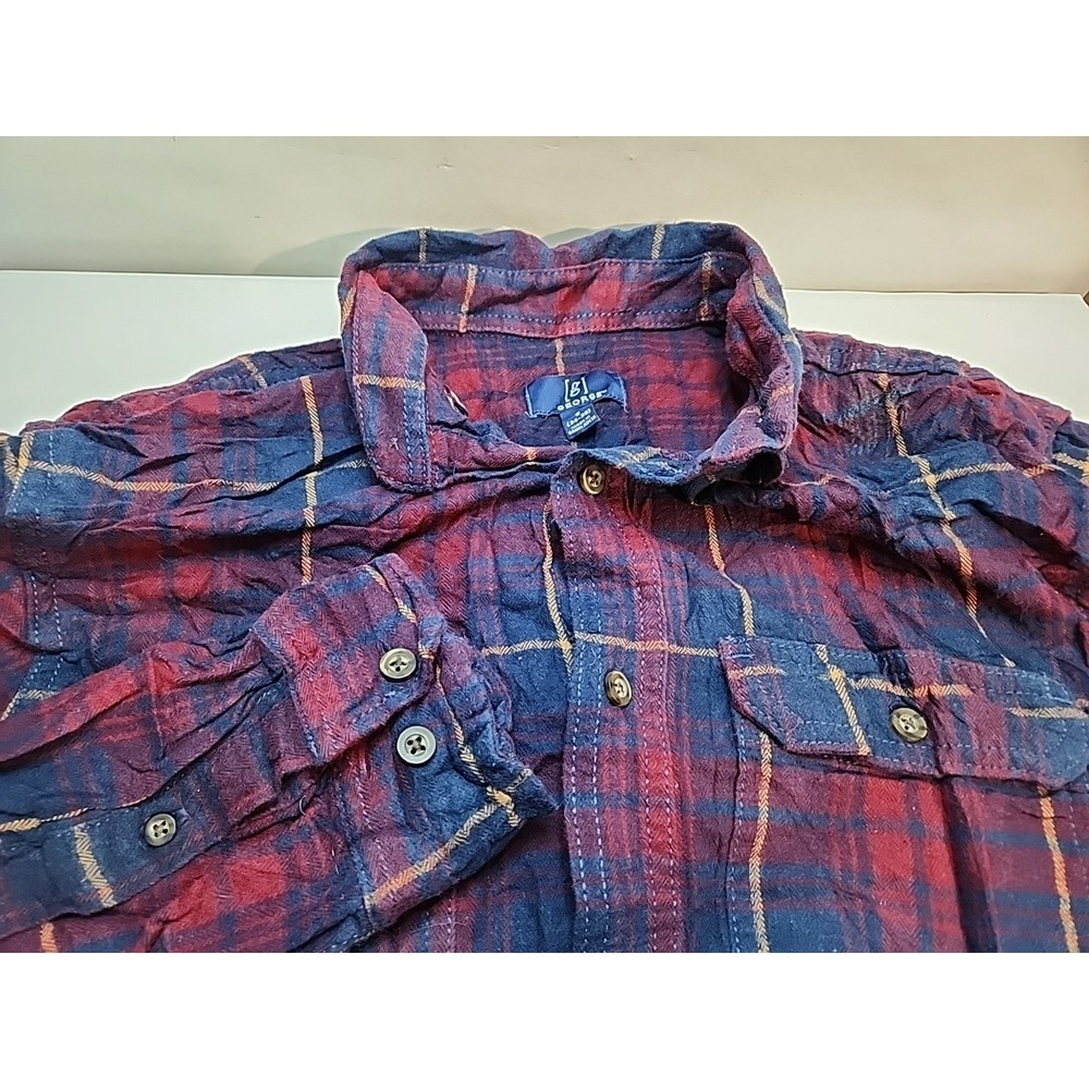 George Mens Small Plaid‎ Flannel Long Sleeve Button Up Shirt Red Blue